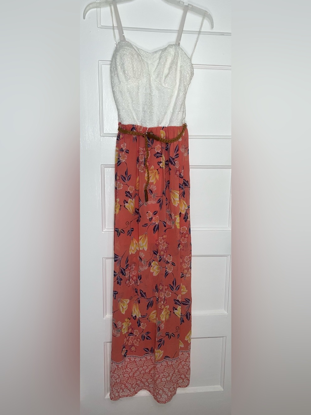 Juniors Sz Small As U Wish Coral Floral Maxi Skirt with Yellow & Navy Accents